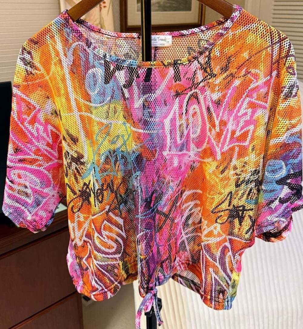 Full Circle Trends Graffiti Print Mesh Crop Top